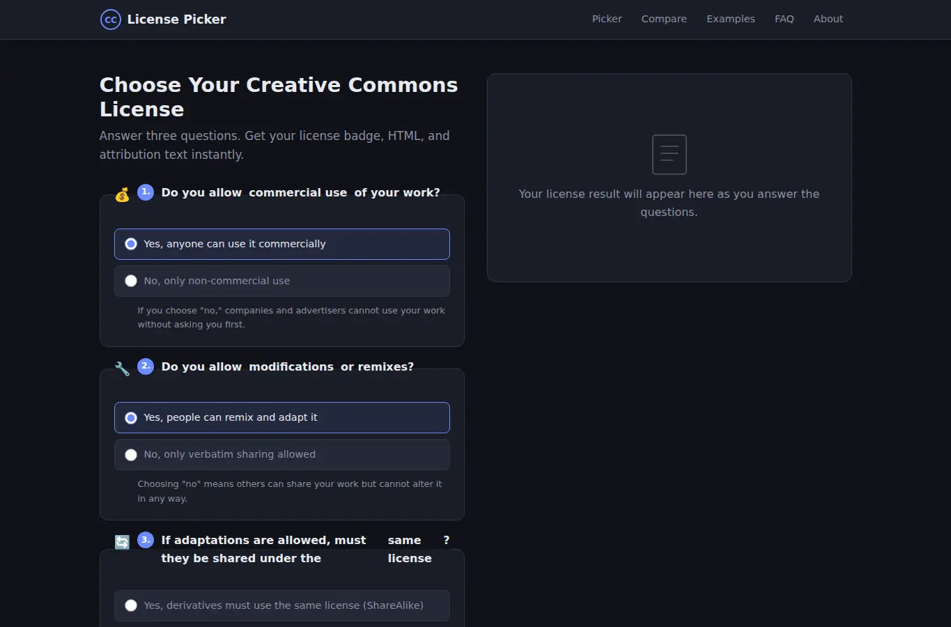 Screenshot of Creative Commons License Picker interface showing the project page in use